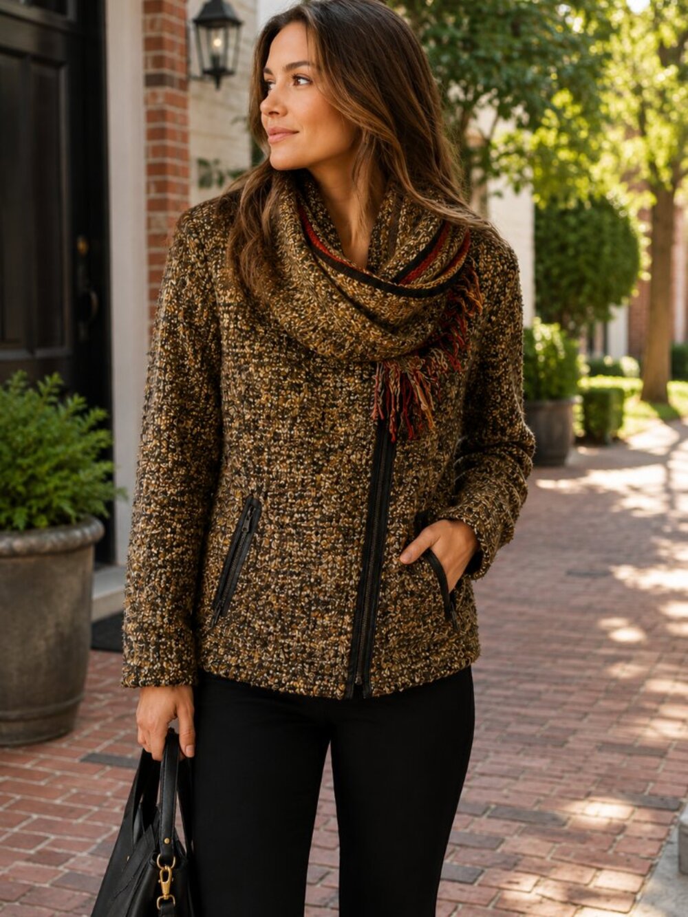 Curio New York XS Textured Tweed Fringe Scarf Moto Jacket Boho Artsy Fall